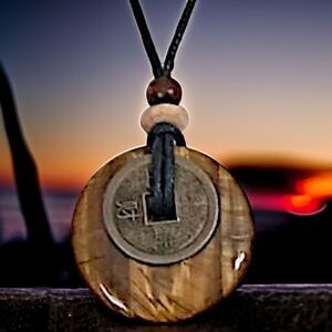 Tigers Eye Necklace Pendant Disc Coin Corded Bohemian Hippie Boho Chic Gypsy